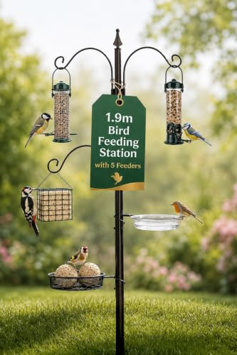 Garden Mile 190cm Bird Feeding Station with Feeders & Trays | Heavy Duty Metal Bird Feeder Pole with Ground Spike, Water Bowl, Mesh Tray & Hanging Feeders for wild Birds