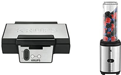 Krups Waffeleisen FDK251, Doppelwaffeleisen, 2 Belgische Waffeln gleichzeitig, Antihaftbeschichtete Platten 850W | Schwarz & WMF Kult X Mix & Go Mini Smoothie Maker, Shake Mixer 3 Watt