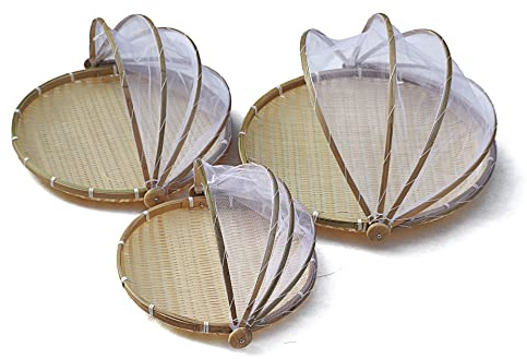 3er Set Bambuszelt Korb mit Fliegenschutz, Obstschale Zeltkorb Abdeckhaube Fliegenhaube Lebensmittel Abdeckung Zelt Brotkorb mit Maschenabdeckung Picknickkorb Kuchenabdeckung für Gemüse Obst Brot