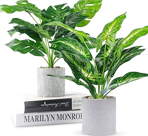 Rxinlucky Artificial Plants in Pot, 2 Packs of 16 Tall Faux Potted Plants in Pot with Monstera and Palm Trees, Small Fake Plants with Pot for Indoor Home Office Bathroom Table Desk Decor