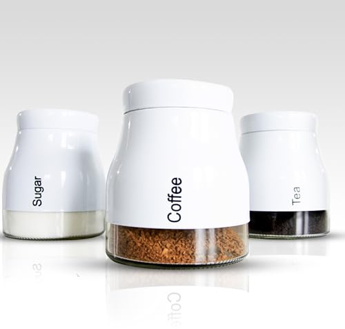Set of 3 Kitchen Storage Canister - Glass Coffee Jars with Screw Lid Food Containers, Multipurpose Tea Sugar and Coffee Glass Jar Pots, Kitchen Canister Set, tea sugar and coffee containers set