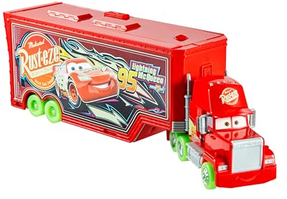 Disney and Pixar Cars Glow Racers Transforming Mack Playset, 2-in-1 Glow-in-the-Dark Toy Truck & Tune-Up Station with Launcher, Lift & More, HPX76