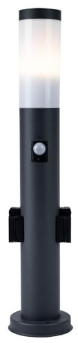 Außenleuchte LED Stehleuchte mit Bewegungsmelder Edelstahl Wegeleuchte Sockelleuchte Gartenleuchte anthrazit, mit 2 Steckdosen, IP44, 1x 11W 1055lm warmweiß, DxH 13,1x60 cm