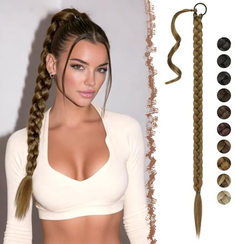 FESHFEN Geflochtener Zopf Haarteil - Hellbraun Braid Extensions Pferdeschwanz mit Haargummi Kunsthaar Lang Geflochten Ponytail Synthetik Haare Zöpfe zum Einflechten für Damen, 65 cm