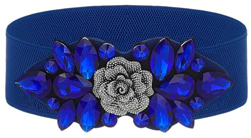 Wriidy Strass Stretch Gürtel Breit Dressy Gürtel Plus Größe Frauen Blume Elastische Gürtel Fancy Dress Taille Zubehör für Mädchen, Blau 3, XL