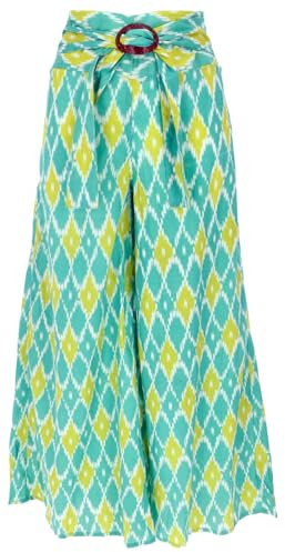 GURU SHOP Luftige Sommerhose mit Kokosschnalle, Boho Palazzohose, Weite Baumwollhose - Grün/gelb, Damen, Size:S