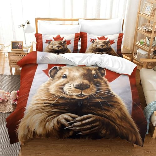 ONDIAN Canadian Beaver Bedding Set 3D Printedpatriots Comforter Covers Quilt Cover Duvet Cover with Pillowcases Microfiber 3 Pieces for Childrens and Adults with Zipper Closure Full（203x228cm）