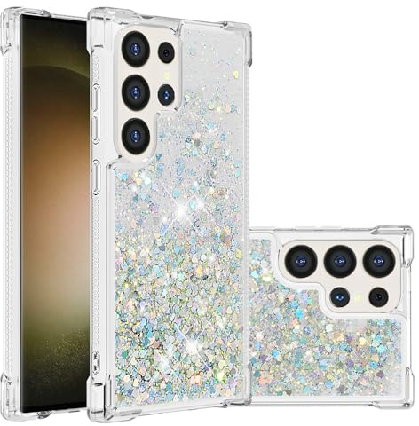 IMIRST Telefonfodral kompatibelt med Samsung S24 Ultra Bling flytande glitter silikonskal stöttåligt Kawaii airbag skyddande fodral för Samsung Galaxy S24 Ultra. YBW kärlek silver