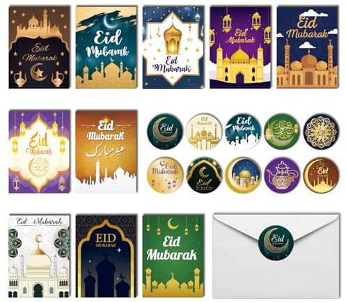 PARSUP 20 Pakete Eid Mubarak Karten Islamische Eid Card Papier Eid Grußkarten Saisonale Eid Mubarak Karten Feierkarten mit 20 Umschlägen und 20 Aufkleber für Eid Mubarak Party Dekorationen
