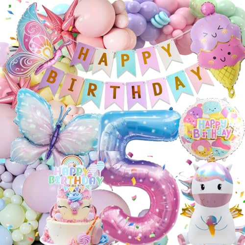 5 Jahre Geburtstagsdeko Deko Luftballons, Einhorn Deko, 5 Jahre Happy Birthday Deko, Einhorn Schmetterling Folienballon Geburtstag Deko
