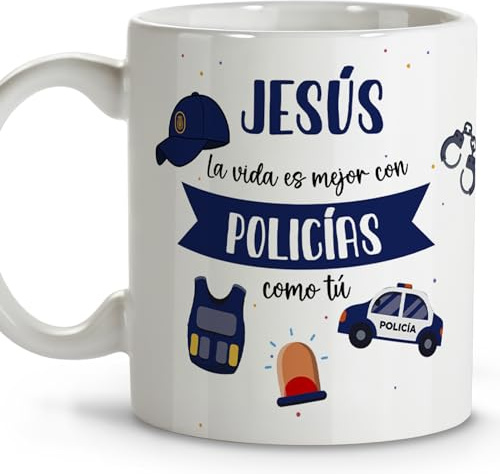 Policia local. Tazas personalizadas con nombre. Tazas originales para regalar. Regalos originales de policia. Taza cerámica 330 ml.