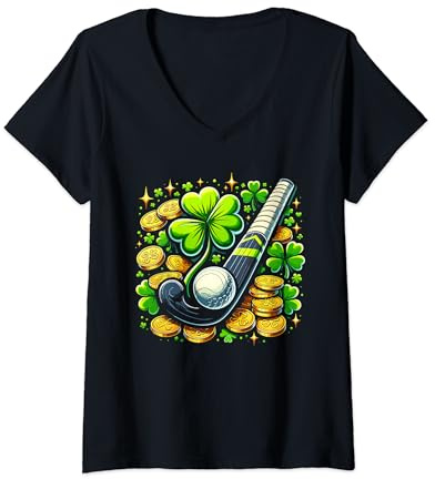 Donna Hockey su prato Trifoglio St Patricks Day Shenanigans Clover Maglietta con Collo a V