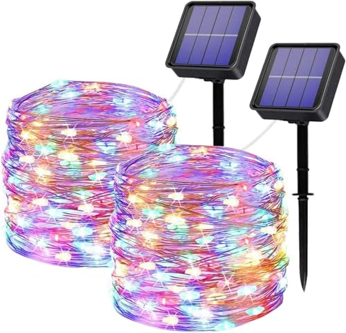 Striscia di luci solari per esterni, confezione da 2 pezzi, 32 m, 320 LED, RGB, filo di rame, impermeabile, luminoso, 8 modalità, luci a fata stellata, per giardino, feste, casa, decorazione