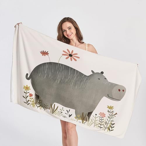 QEODAH Strandtuch 80x160 Nilpferd - Schnelltrocknend & Ultraleicht & Sandfrei & Weich Mikrofaser Handtücher,Blumen Strandhandtuch Badetuch Handtuch, Pflegeleicht Badetücher
