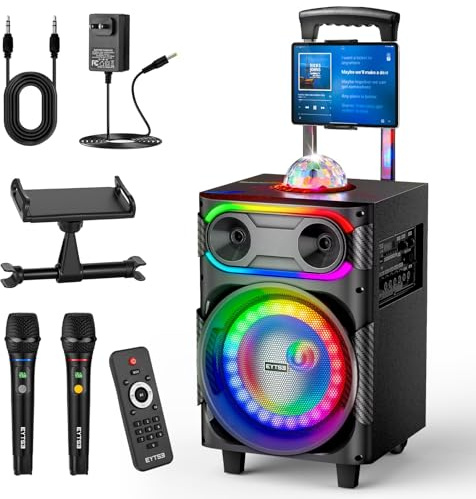 EYTSE Karaoke Machine for Adults with 2 Wireless Microphones, BT PA System with Disco Ball LED Lights, Rolling Wheels, Tablet Holder, Remote Control, Support TWS/USB/AUX/TF/REC/FM for Home Parties