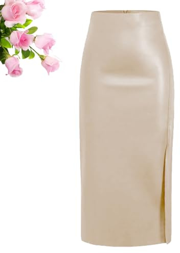 HESYSUAN Faldas largas de cuero para mujer, falda larga de cuero negro de invierno con abertura de cintura alta, falda de tubo de piel sintética acampanada