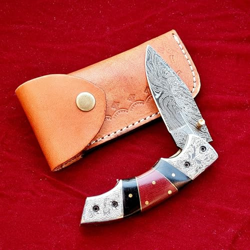 CRAFTOMATIK Gravierte Damast Stahl Taschenmesser | Klappmesser | Büffelhorn, Ebenholz, Edelstahl Griff | Handgefertigt Outdoor Damastmesser Camping Messer | FK51