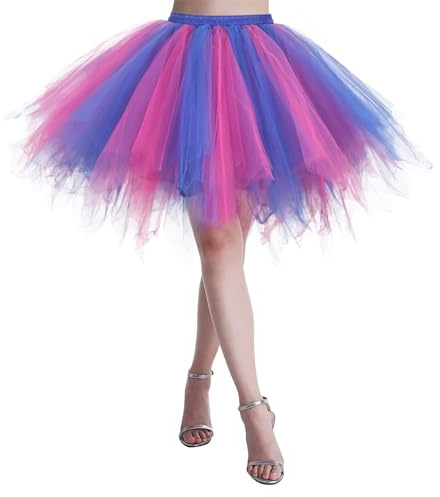 Generisch Damen Tüllrock Bunt Regenbogen, Tüllrock Damen Midi Tütü Rock 50Er Ballett Unterrock Elastische Hohe Taille Ballettrock Petticoat Tanzkleid Karneval Kostüm Für 50Er Faschingskostüm