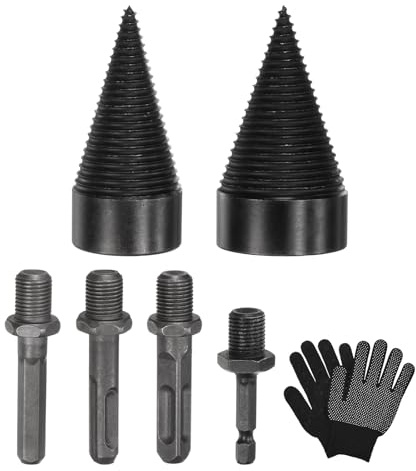 M METERXITY 2-Pack Wood Splitter Drill Bit 42mm + 50mm + 4 Handles | Black, Grey, Square, Round, Hex Shank, Small Hex, Firewood Log, Gloves, Outdoor, Stove, Farm