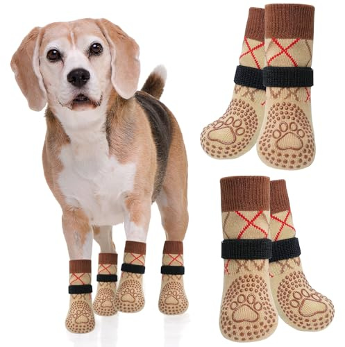 LQTSLFM Hundesocken Anti Rutsch, 2 Paar Pfotenschutz Hund Verletzung, Einstellbar Socken für Hunde Flexibel Antirutschsocken Hund für Innen und Außenbereich Geeignet (Braun-M)