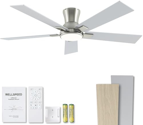 Wellspeed 52 Inch Ceiling Fans with Lights and Remote, Brushed Nickel Flush Mount Low Profile Ceiling Fan for Bedroom, Patio, Reversible DC Motor, 6-Speed Quiet LED Dimmable, ETL Listed