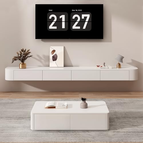 Ecoxsnz Meuble TV Flottant 140 cm Console Multimédia TV Moderne, Meuble TV Mural avec Tiroirs, pour Le Salon Ou La Chambre À Coucher, avec Fonction De Stockage