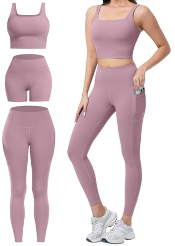 SALSPOR 3 Piece Workout Sets for Women High Waisted Leggings with Pockets Tummy Control Biker Shorts Yoga Sports Bra(3YFTZ-Lilac Pink-S)