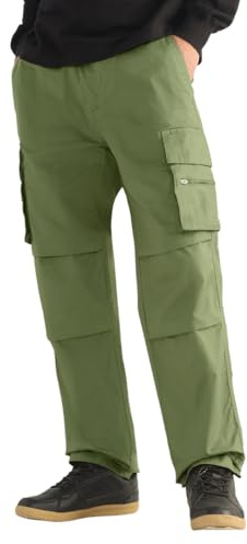The Souled Store Combat Moss Uomini e Ragazzi Abbottonato Cintura In Cotone Solido Multi-Tasca Durevole Utility Giapponese Fit Cotone Cargo Parachute Pantaloni, Muschio da combattimento, 50
