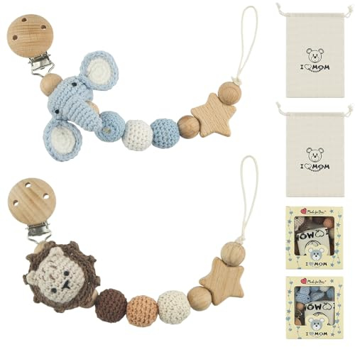 2 Stück Handgemachte Schnullerkette, BPA-Frei Sicherheitsgurt Schnullerketten, Tier Design Nuckelkette Mädchen Junge Holz, Kinderwagenkette für Babyparty Geburtstag Weihnachten (Elefant + Löwe)