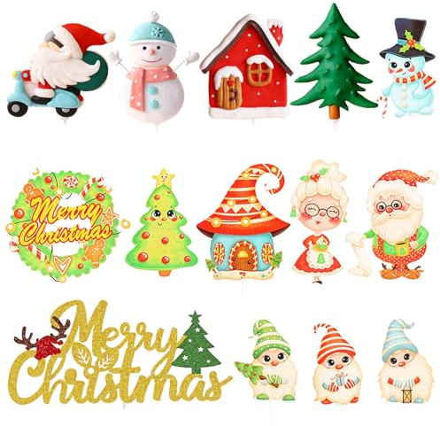 MUNSKT Christmas Cake Topper, 14 Pcs Xmas Cupcake Decorations, Christmas Tree, Santa, Snowman,Reindeer, for Festive Baking, Xmas Cakes, Cupcakes & Yule Logs