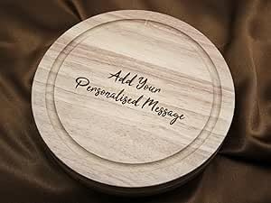 Tailored Touch Bespoke Gifts Add Your Message Personalised Engraved Wooden Round Cheese Board with 4 Cheese Knives 21 cm