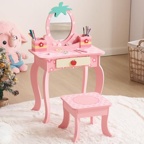 LEADZM Schminktisch Kinder mit Hocker，Frisiertisch Kinderschminktisch für 3 | Mädchen Frisierkommode mit Schublade für Mädchen ab Jahren，Apfel-Siebdruck(Rosa)