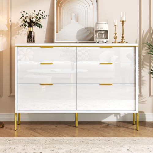 dowowdo Commode 6 Tiroirs Blanche et Doré - Commode de Chambre Moderne en Bois, 120 x 40 x 75 cm, Grand Rangement pour Chambre à Coucher, Salon ou Couloir