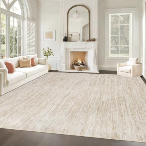 Heifgott 8x10 Washable Area Rug - Beige Vintage Distressed, Low Pile Non Slip Carpet for Living Room, Nursery, Kitchen and High Traffic Indoor Spaces