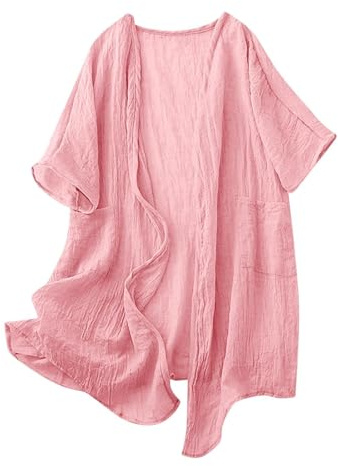 Camisas Cárdigan Kimono para Mujer Verano Ligero Suelto Abierto al Frente Manga Corta y 3 4 Color Sólido Lino Estilo Boho Casual Pareos Cover Up para Playa Bikini Vacaciones Uso Diario
