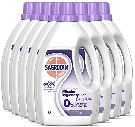 Sagrotan Wäsche-Hygienespüler Sensitiv – Desinfektionsspüler für hygienisch saubere und frische Wäsche – 8 x 1,5 l Reiniger im praktischen Vorteilspack