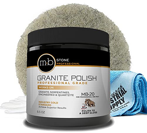 MB Stone Care Granite Polishing Compound 8.5 oz - Norton Ultra Grizzly Pad 7-3/4 Inch - 16 x 16 Microfiber Cloth - Gloves - Bundle - 4 Items