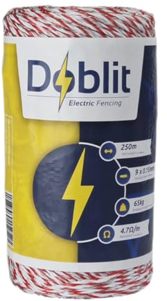 DOBLIT Polydraht, Elektrozaun-Leiter-Draht, 6 Stränge, 9 Stränge, mehrfarbig, Paddock, Elektrozaun, Rinder, Schafe, Pferde, Haustiere, Ernteschutz, Schädlingsabwehr, rot und weiß, 9 Stränge 250 m