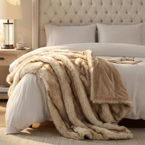 Hyde Lane Faux Fur Throw Blanket - Ultra Long Pile, Luxury Fluffy Fox Golden with Brown Tipped Blankets for Home Decor, Fuzzy Plush Animal Color Throws As a for Women, 60x80