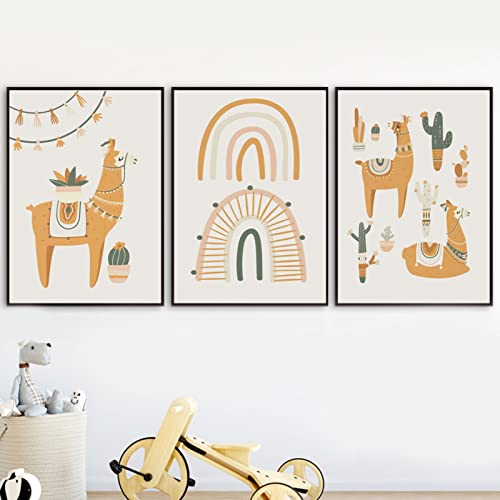 CAYBES 3 Stück Neutral Lama Kaktus Regenbogen Kinderzimmer Poster und Drucke Wandkunst Leinwand Malerei Wandbilder für Baby Kinderzimmer Schlafzimmer Dekor-40 * 50cm (Kein Rahmen)