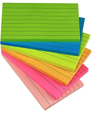 7,6 x 12,7 cm große, linierte Haftnotizen, 76 x 127 mm, 6 brillante Farben, sortiert, Querformat, liniert, selbstklebend, 80 Blatt/Block
