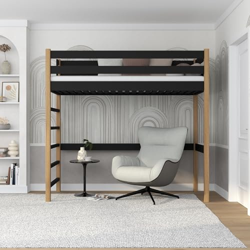 N-Wood N01 Loftsäng, våningssäng 100 x 200 cm, tillverkad av ek, 2 ledarmonteringssidor: Vänster eller höger, säkra rundade kanter, stabil massiv träkonstruktion, högkvalitativa material, svart tecken