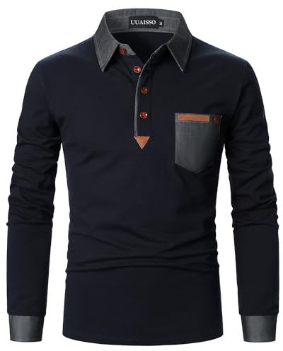 UUAISSO Poloshirt Herren Langarm Polo Shirts Baumwolle Farbe Nähen Tasche T-Shirt Slim Fit Golf