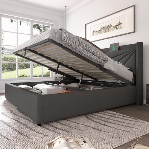 Kayan Polsterbett Doppelbett Stauraum Bettkasten mit USB Typ C Ladefunktion Kopfteil, Stauraumbetten Bettgestell aus Leinenmaterial Jugendbett mit lattenrost, Ohne Matratze (180 x 200 cm, Grau)