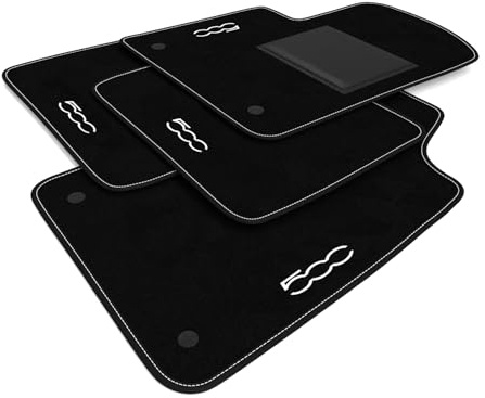 DHCarMats – Tappetini Auto per Fiat 500 dal 2010 – Ricamo con Bordo – Moquette su Misura – Set Completo Anteriore e Posteriore – Accessori Interni Personalizzati (Bianco)