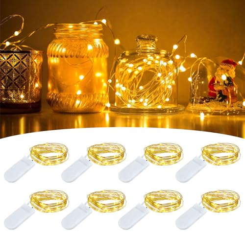 SCNNC Lot de 8 mini guirlandes lumineuses LED avec piles, 2 m, 20 LED, décoratives, pour l'intérieur, blanc chaud, pour boîte cadeau, fête, Noël, lanterne de mariage