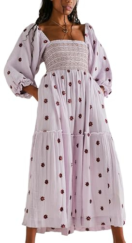 Yoisdtxc Women 's Smocked Square Neck A Line Flowy Maxi Long Dress Flower Print Half Sleeves Backless Embroidery Loose Swing Dress (Purple, S)