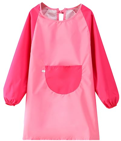 Rapidbok Malschürze Kinder, Wasserdicht Malkittel kinder, Nylo Einstellbar Bastelschürze kinder, Malerkittel mit Langen Ärmeln für 7-11 Jahre Junge und Mädchen für Schule Kunst Malerei (Rosa)