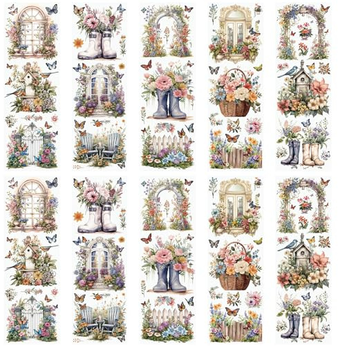 WANDIC 10 fogli adesivi trasferibili da strofinare, decalcomanie vintage a forma di fiore, uccelli, farfalle, impermeabili, per mobili, tavoli, bottiglie d'acqua, fai da te, 30 x 9,9 cm