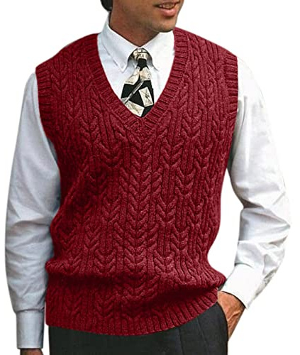Suéter para hombre, para otoño e invierno, informal, de punto, sin mangas, cuello en V, 90 % algodón, sudadera con capucha, Vino, XL